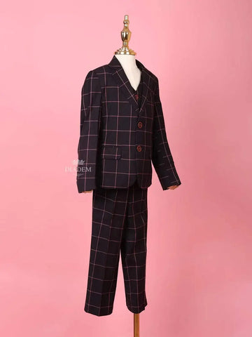 Black Cotton Blend Striped Pattern Coat and Suit for Boys - Diadem