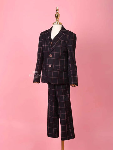 Black Cotton Blend Striped Pattern Coat and Suit for Boys - Diadem