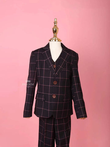 Black Cotton Blend Striped Pattern Coat and Suit for Boys - Diadem