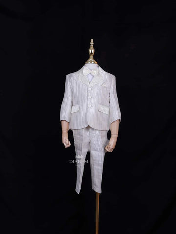 Ivory Silk Blend Striped Suit Coat for Boys with Attached Bow - Diadem