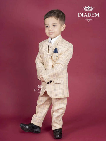 Light Apricot Windowpane Checked Coat Suit with Tie and Brooch - Diadem
