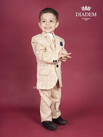 Light Apricot Windowpane Checked Coat Suit with Tie and Brooch - Diadem