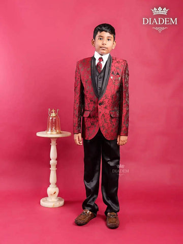 Maroon Coat Suit with Tie and Brooch - Diadem