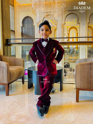 Red Wine Velvet Coat & Suit set with Bow and Brooch - Diadem