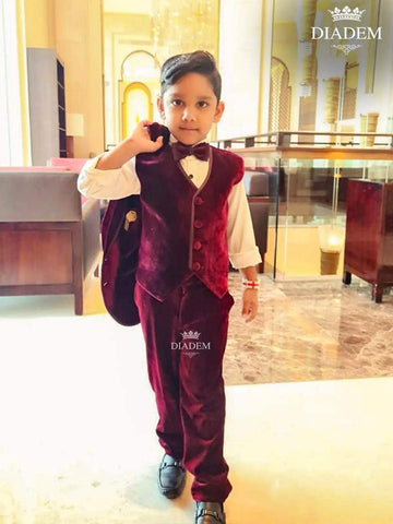 Red Wine Velvet Coat & Suit set with Bow and Brooch - Diadem