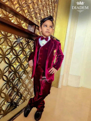 Red Wine Velvet Coat & Suit set with Bow and Brooch - Diadem