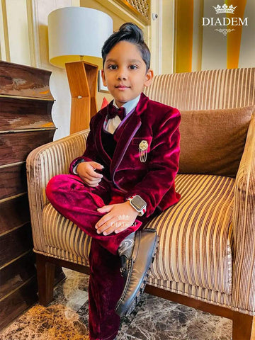 Red Wine Velvet Coat & Suit set with Bow and Brooch - Diadem
