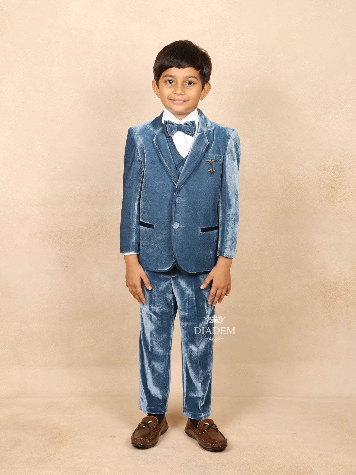 Teal Blue Velvet Coat Suit paired with Bow and Brooch - Diadem