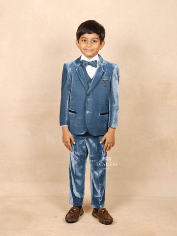 Teal Blue Velvet Coat Suit paired with Bow and Brooch - Diadem