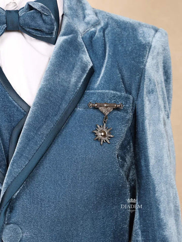 Teal Blue Velvet Coat Suit paired with Bow and Brooch - Diadem