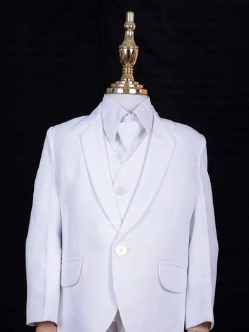 White Cotton Blend Suit Coat with Matching Tie for Boys - Diadem