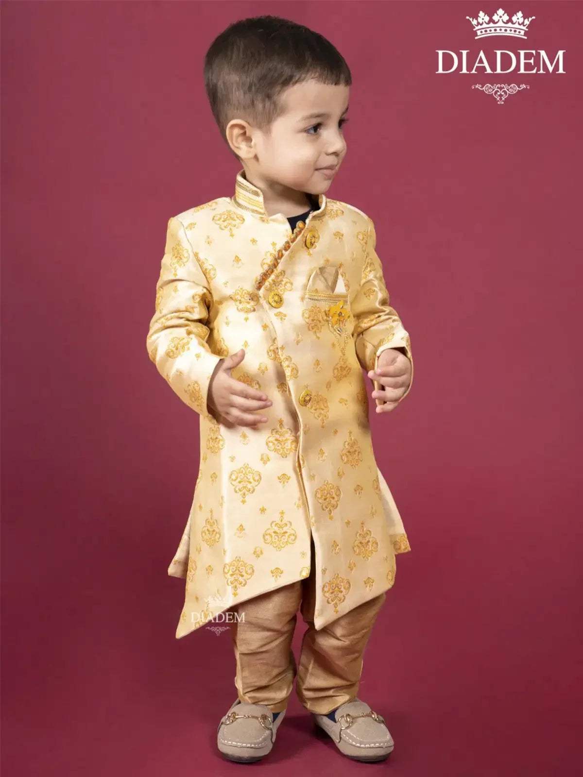 Gold Indo Western Sherwani Adorned in Brocades with Brooch - Diadem