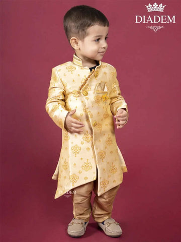 Gold Indo Western Sherwani Adorned in Brocades with Brooch - Diadem