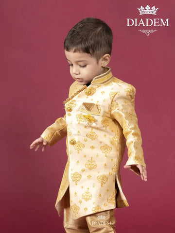 Gold Indo Western Sherwani Adorned in Brocades with Brooch - Diadem