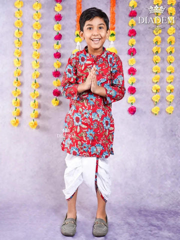 Deep Carmine Kurta Adorned in Floral Prints and Paired With Off White Dhoti Pants - Diadem