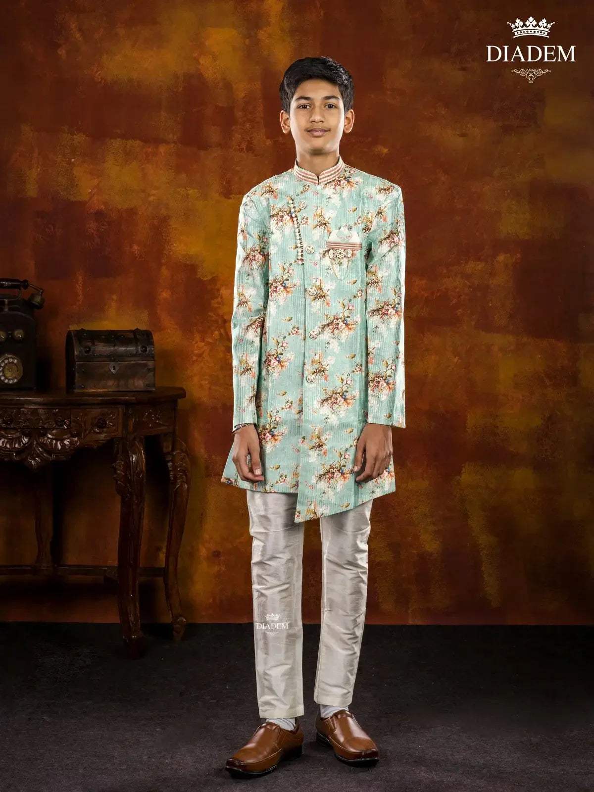 Mint Green Indo Western Sherwani Enhanced in Floral Prints with Brooch - Diadem