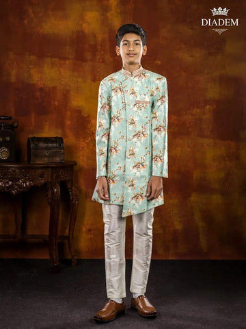 Mint Green Indo Western Sherwani Enhanced in Floral Prints with Brooch - Diadem