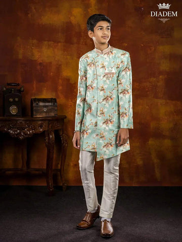 Mint Green Indo Western Sherwani Enhanced in Floral Prints with Brooch - Diadem