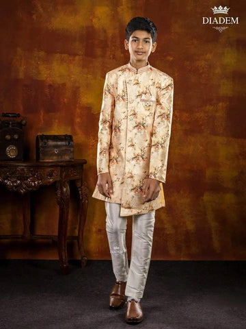 Light Yellow Indo Western Sherwani Enhanced in Floral Prints with Brooch - Diadem