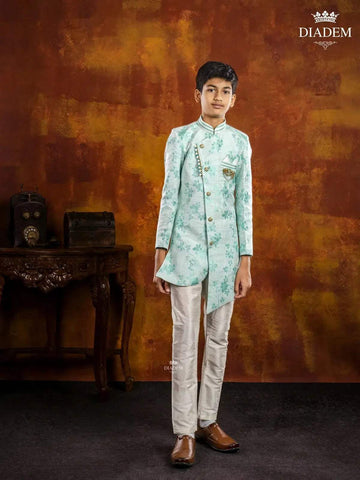 Light Blue Indo Western Sherwani Adorned in Floral Prints with Brooch - Diadem
