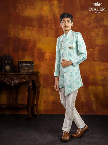 Light Blue Indo Western Sherwani Adorned in Floral Prints with Brooch - Diadem