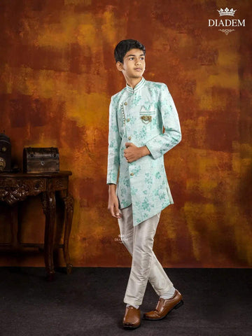 Light Blue Indo Western Sherwani Adorned in Floral Prints with Brooch - Diadem
