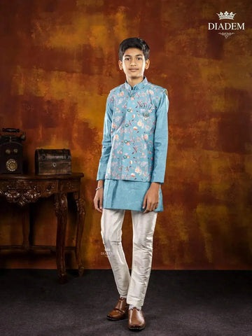 Blue Indo Western Sherwani Adorned in Floral Prints with Waistcoat and Brooch - Diadem