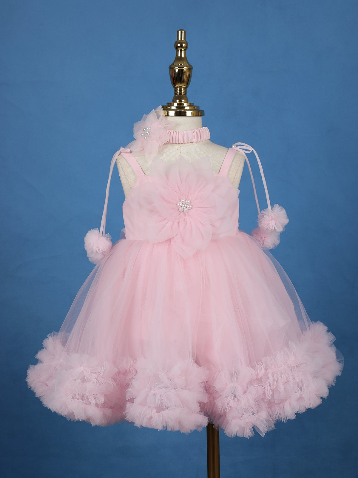 Baby Pink Floral Embellishment Design Net Frock
