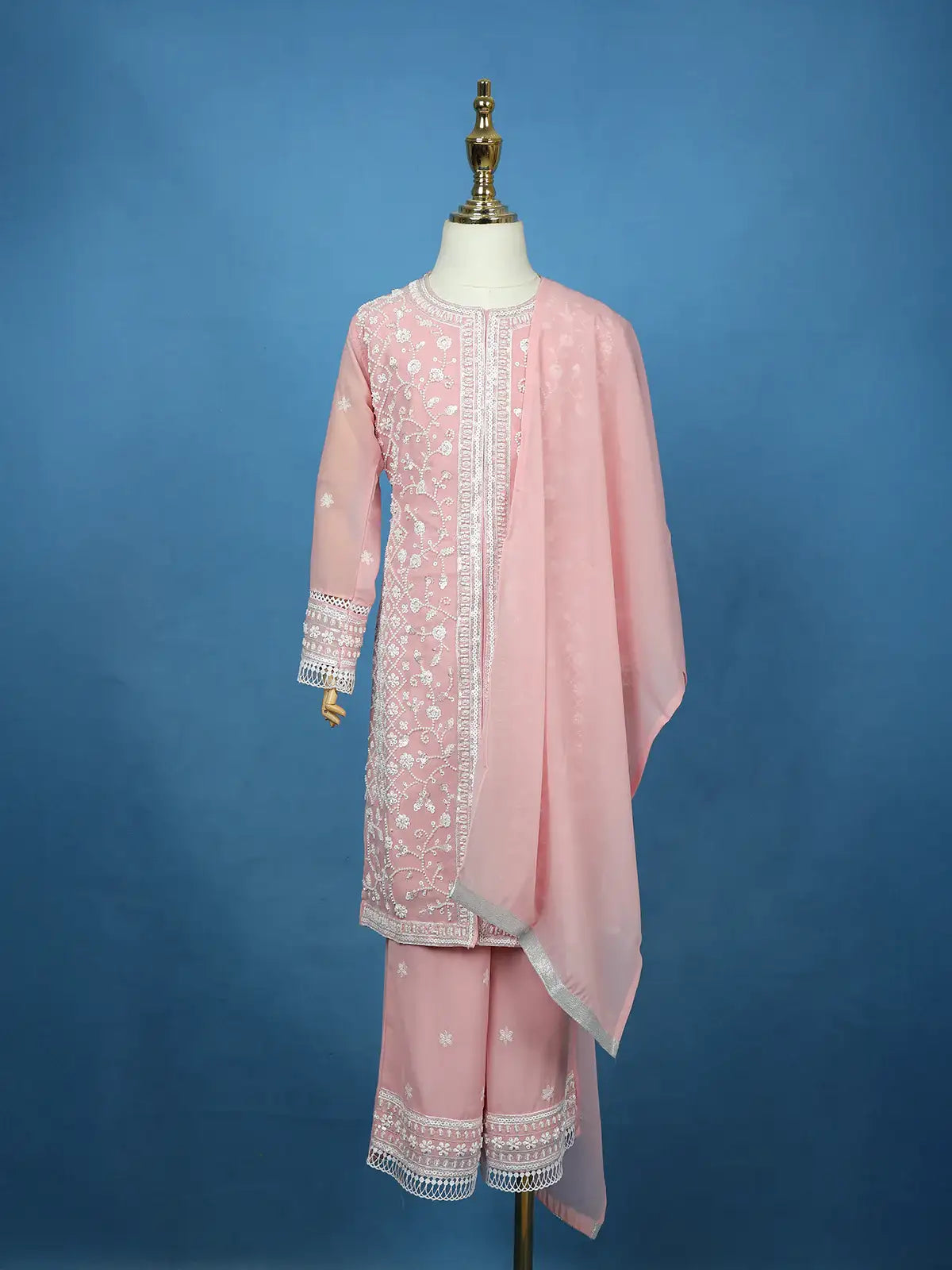 Baby Pink Floral Embroidered Georgette Kids Palazzo Suit - Diadem