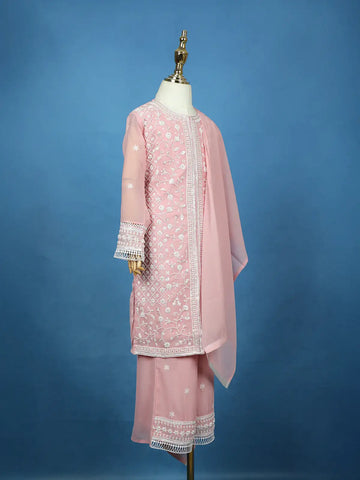 Baby Pink Floral Embroidered Georgette Kids Palazzo Suit - Diadem