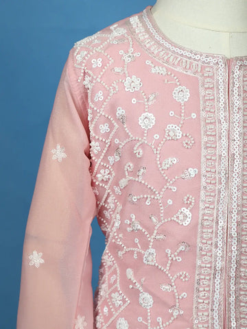 Baby Pink Floral Embroidered Georgette Kids Palazzo Suit - Diadem