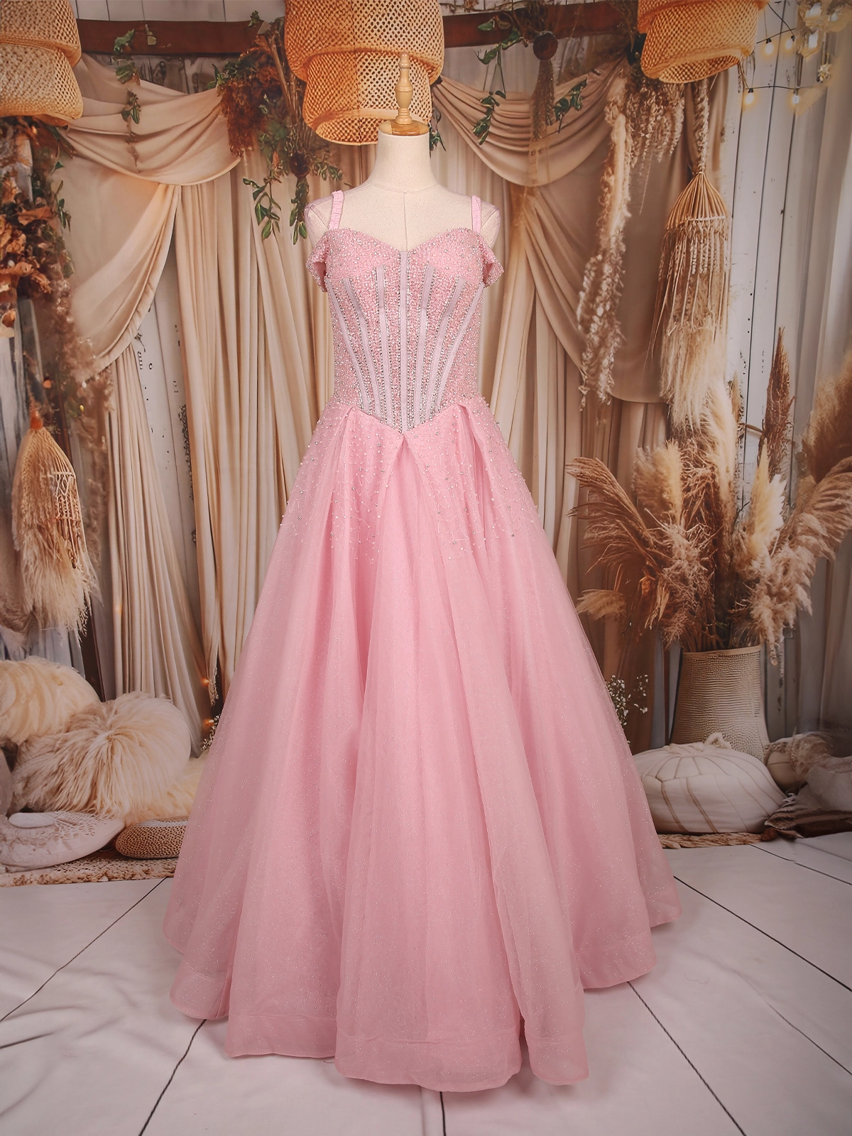 Baby Pink Glitter Embellished Design Net Ball Gown | Diadem Baby Pink Glitter Embellished Design Net Ball Gown | Diadem