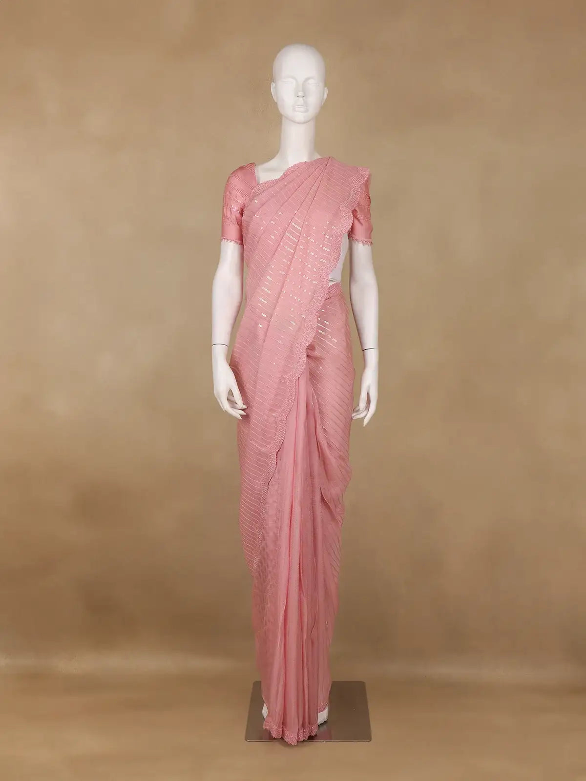 Baby Pink Sequin Embroidered Chiffon Saree with Scalloped Lace Border - Diadem