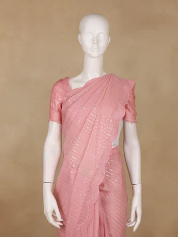 Baby Pink Sequin Embroidered Chiffon Saree with Scalloped Lace Border - Diadem