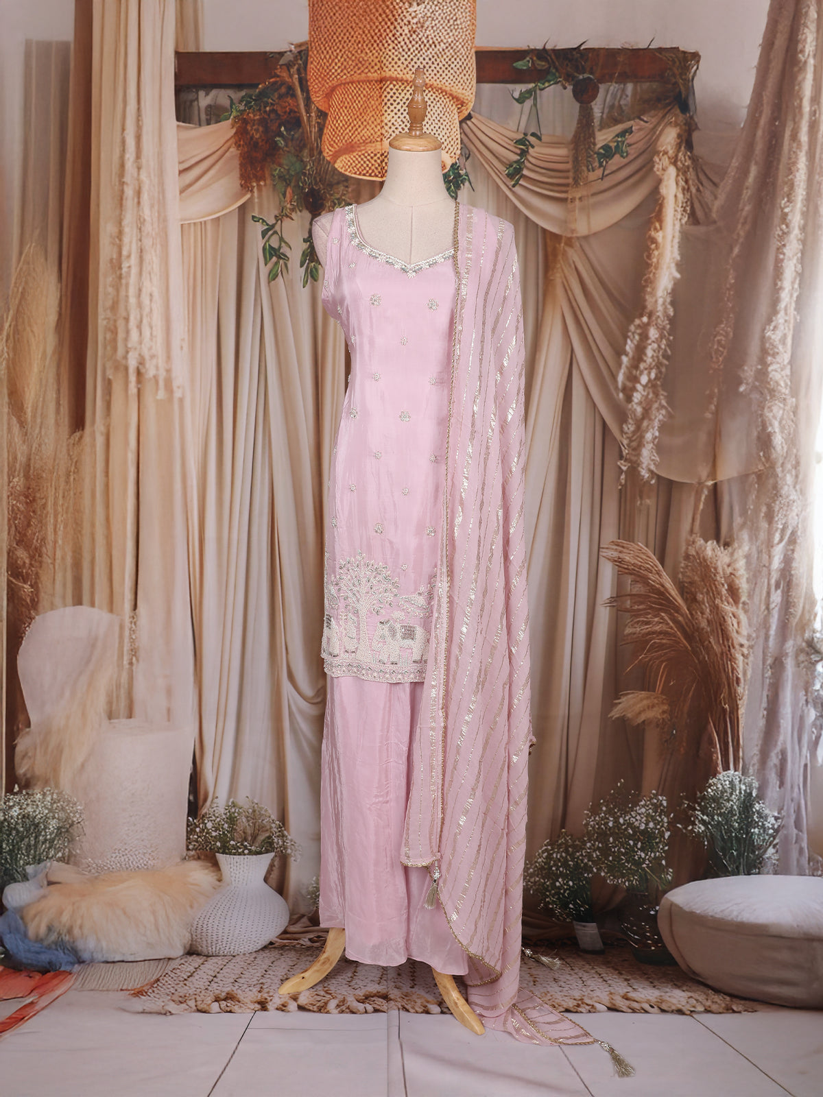 Baby Pink Sequin Embroidered Design Tissue Silk Palazzo Salwar Suit with Dupatta