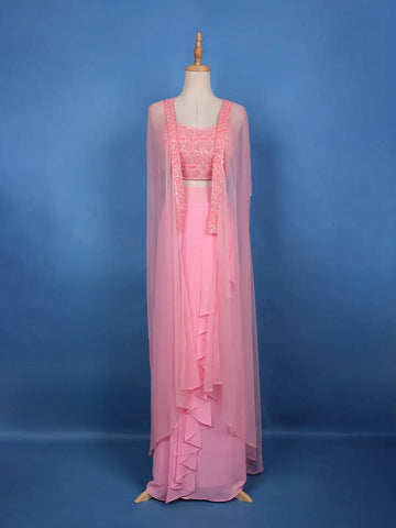 Baby Pink Sequin Embroidered Georgette Skirt Top with Net Cape Dupatta - Diadem