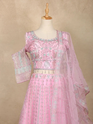 Baby Pink Sequins Embroidered Net Lehenga Set With Dupatta - Diadem