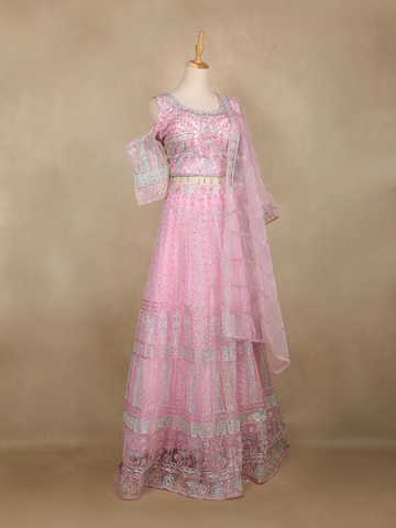 Baby Pink Sequins Embroidered Net Lehenga Set With Dupatta - Diadem