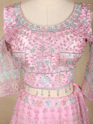 Baby Pink Sequins Embroidered Net Lehenga Set With Dupatta - Diadem