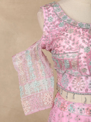Baby Pink Sequins Embroidered Net Lehenga Set With Dupatta - Diadem