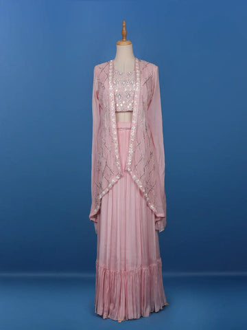 Baby Pink Floral Embroidered Chiffon Lehenga for Bridesmaid - Diadem
