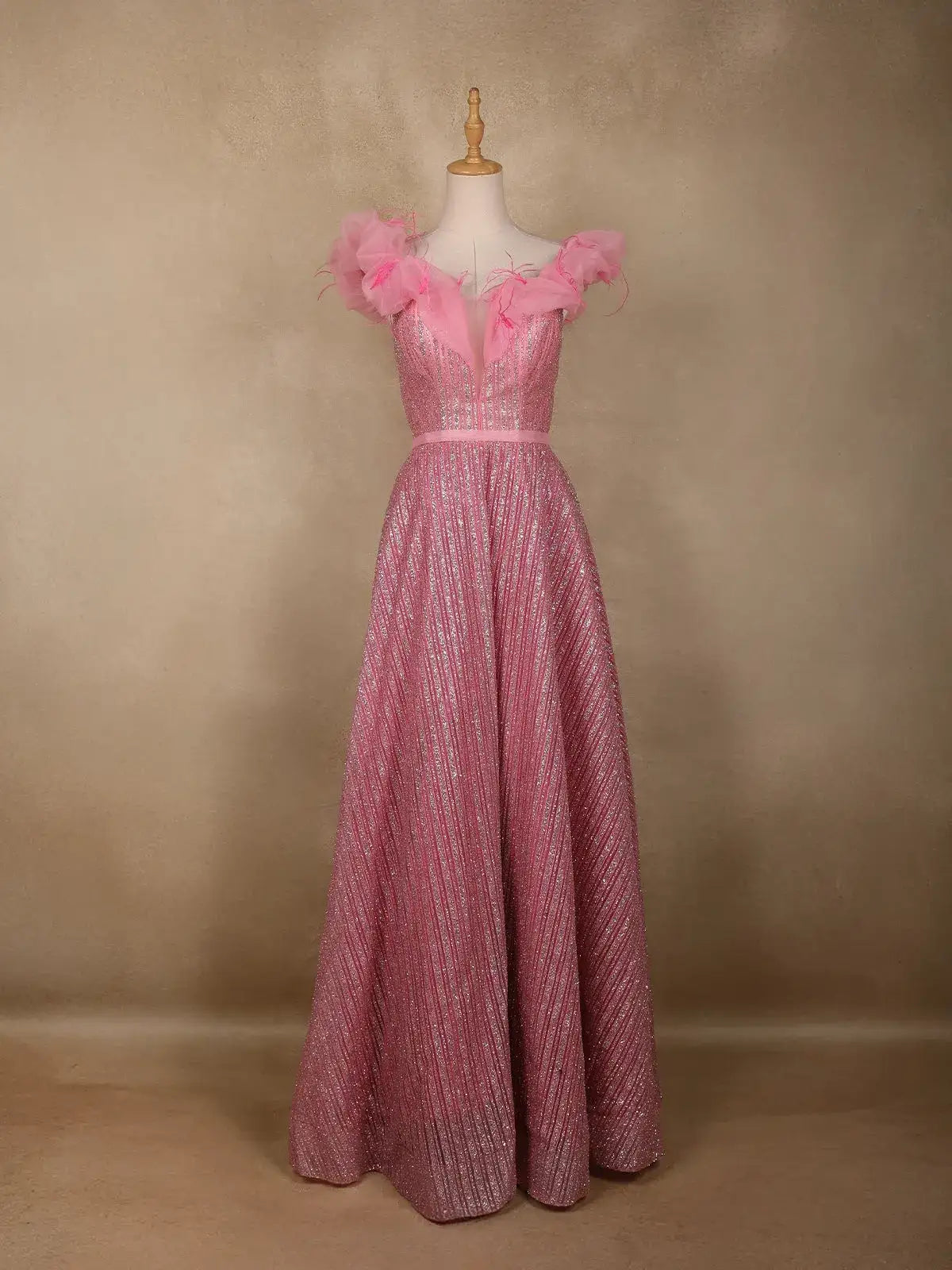 Baby Pink Glitter Worked Net Party Wear Gown - Diadem