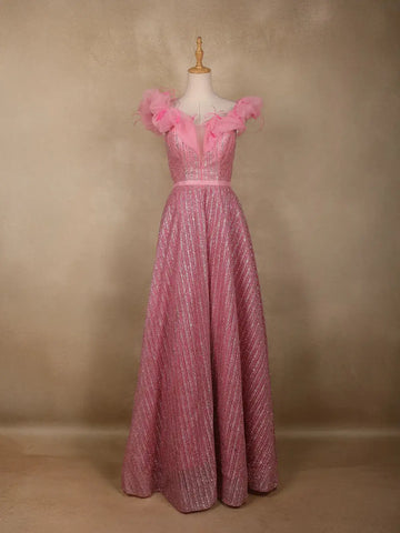 Baby Pink Glitter Worked Net Party Wear Gown - Diadem