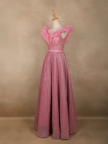 Baby Pink Glitter Worked Net Party Wear Gown - Diadem