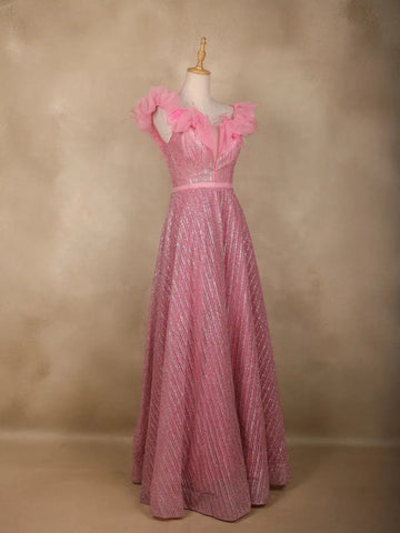 Baby Pink Glitter Worked Net Party Wear Gown - Diadem