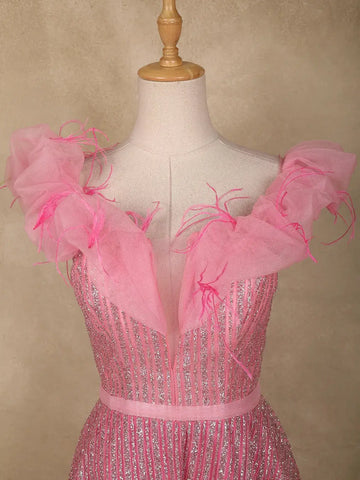 Baby Pink Glitter Worked Net Party Wear Gown - Diadem