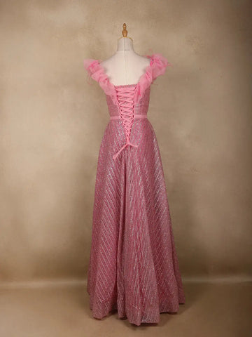 Baby Pink Glitter Worked Net Party Wear Gown - Diadem