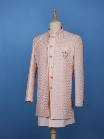 Baby Pink Sequin Embroidered Ikart Sherwani Suit - Diadem