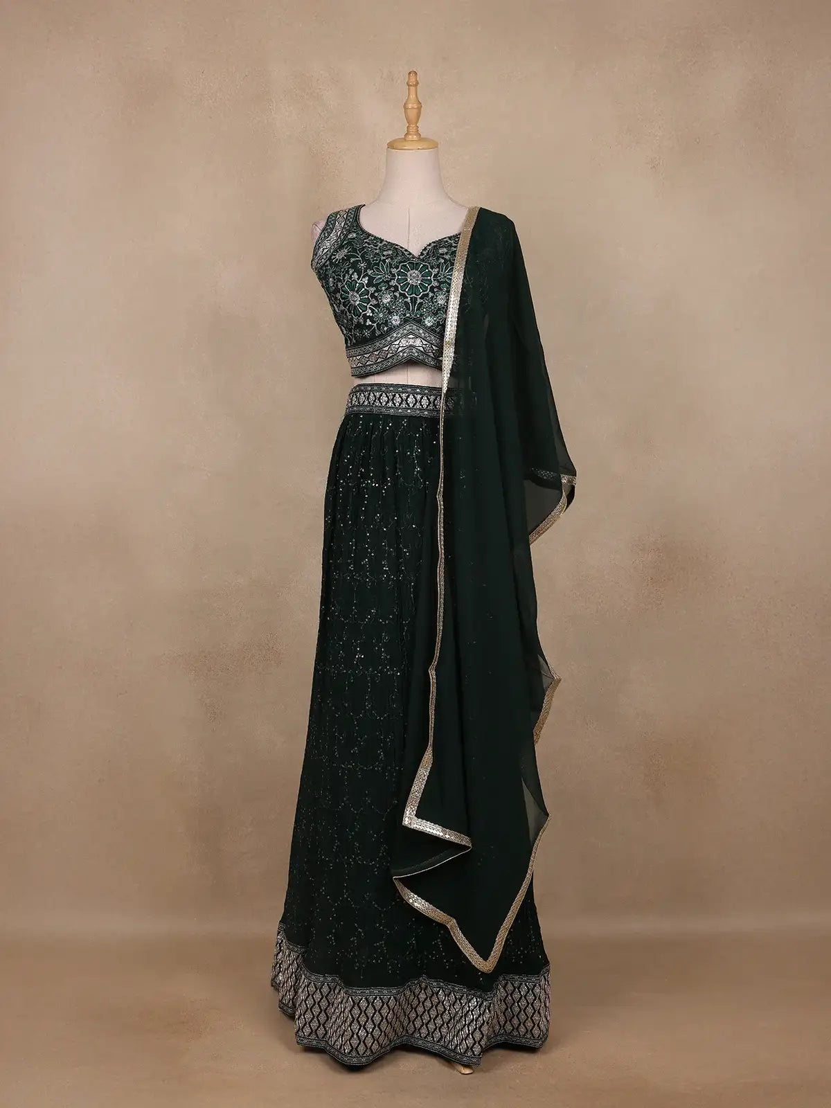 Bottle Green Net Sequins And Floral Embroidery Bridesmaid Lehenga - Diadem