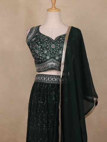 Bottle Green Net Sequins And Floral Embroidery Bridesmaid Lehenga - Diadem